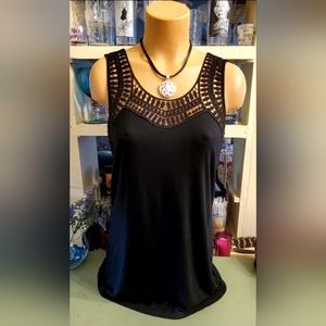 Montagne Sleeveless Knit Top Large Crochet Trim Black NWT